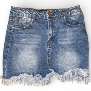 BLACK LABEL by C’EST TOI Jr. Denim Mini Skirt Frayed Hem Med Blue Wash Size LG